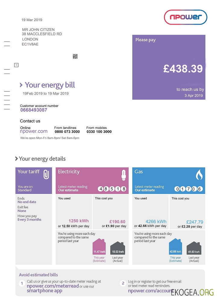 United Kingdom Npower utility bill template, fully editable in PSD format
